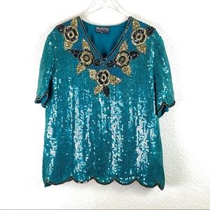 Vintage Blouse Sz 2X Green Floral Bead Sequin Top